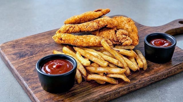 Chicken Tenders, Fries, Can of Soda.