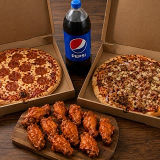 Family Bundle - 2 Large Pizzas, 12 Wings & 2 Liter Soda