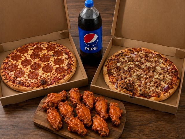 Family Bundle - 2 Large Pizzas, 12 Wings & 2 Liter Soda.