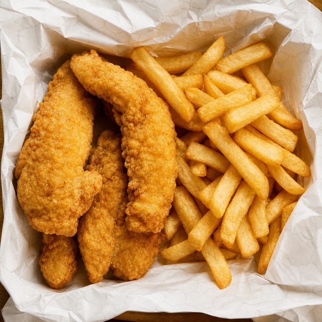 Chicken Tenders, Fries, Can of Soda.